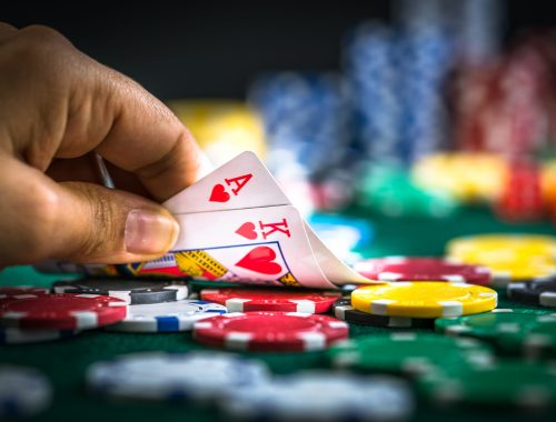 Gambling Poker Blackjack Cards Hand Shown and Dices Photo